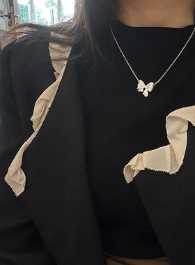 纯银镶钻磨砂蝴蝶结项链女简约百搭甜美气质秋冬毛衣链小众高级感