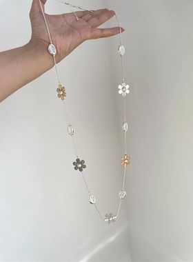 时髦金属花朵撞色拼接长款多用精致项链ins小众叠戴毛衣链腰链女