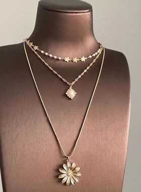 中古叠戴雏菊花朵星星项链女波西米亚风复古锁骨链小众高级感颈链