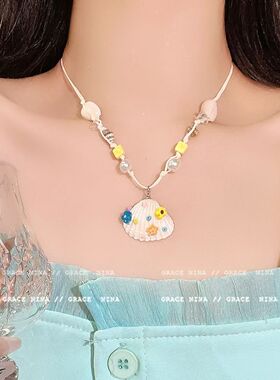 捡不完的美丽!多巴胺彩色贝壳吊坠项链女夏度假风锁骨链独特小众