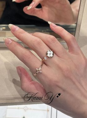 轻奢高级感闪钻贝母幸运花开口戒指女时尚气质小众设计感百搭指环