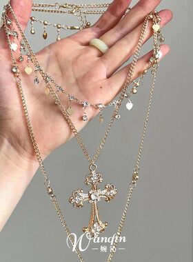 「十字禁锢」欧美夸张十字架流苏项链复古独特多层叠戴个性锁骨链