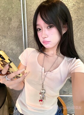 甜酷可爱kt猫叉子蛋糕吊坠项链女小众设计感长款锁骨链个性毛衣链