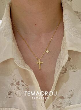 复古vintage金色碎冰冰十字架项链轻奢百搭高级感锁骨链女夏新款