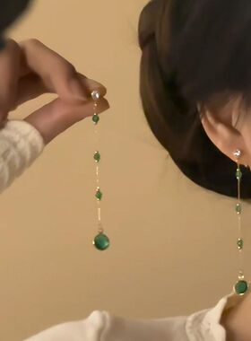 「青绿」新中式国风绿珠仿白玉水滴吊坠耳环小众古风气质耳饰女