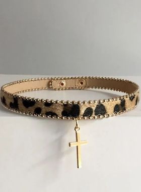 甜酷辣妹十字架豹纹皮项圈choker项链y2k小众亚文化颈圈哥特颈链