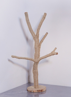 原木树杈带底托摆件树枝 书架客厅茶几摆设 手工麻绳装饰实木支架