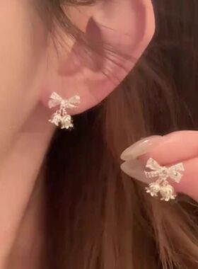 S999足银银针韩版镶钻蝴蝶结耳钉女甜美气质耳坠百搭养耳洞耳饰