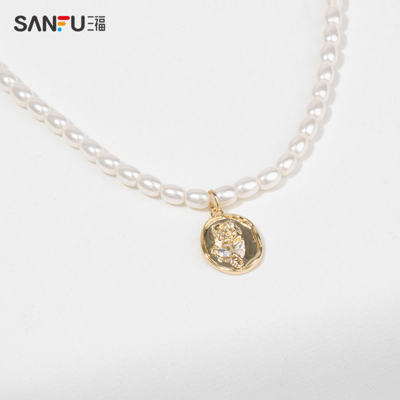 三福复古珍珠玫瑰单条气质短项链 sanfu服饰项链