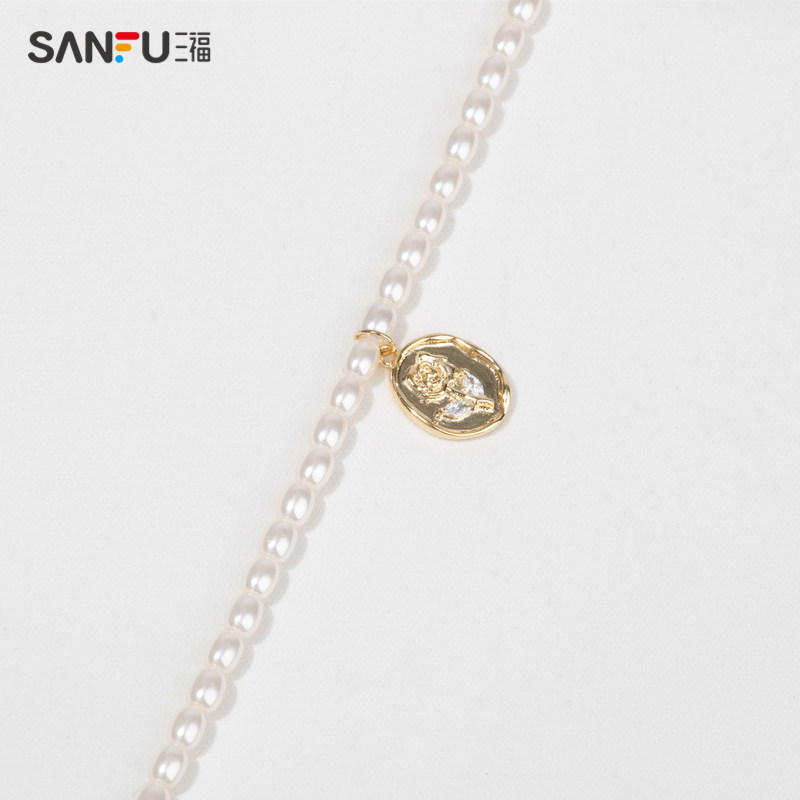 三福复古珍珠玫瑰单条气质短项链 sanfu服饰项链
