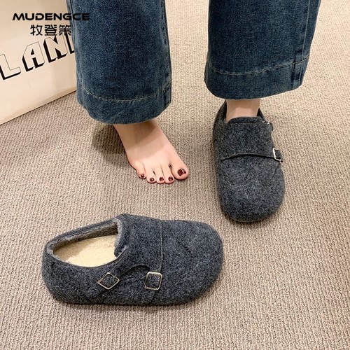 内增高毛绒勃肯鞋女圆头魔术贴厚底懒人鞋棕色皮带扣舒适休闲单鞋 - 图2