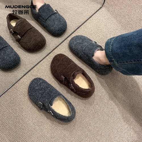 内增高毛绒勃肯鞋女圆头魔术贴厚底懒人鞋棕色皮带扣舒适休闲单鞋 - 图3