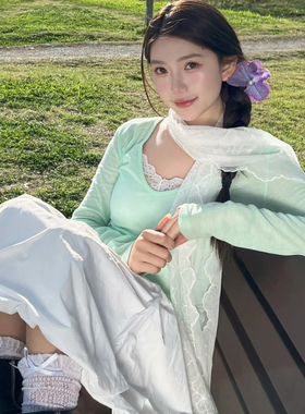法式少女 白色蕾丝刺绣花朵长条丝巾女夏仙气复古凹造型头纱发带