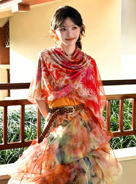红色丝巾女春夏季旅游拍照大披肩沙滩巾防晒遮阳棉麻围巾纱巾仿