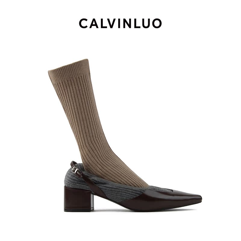CALVINLUO 尖头中筒针织芭蕾单鞋棕色时尚袜靴 24春夏 - 图2