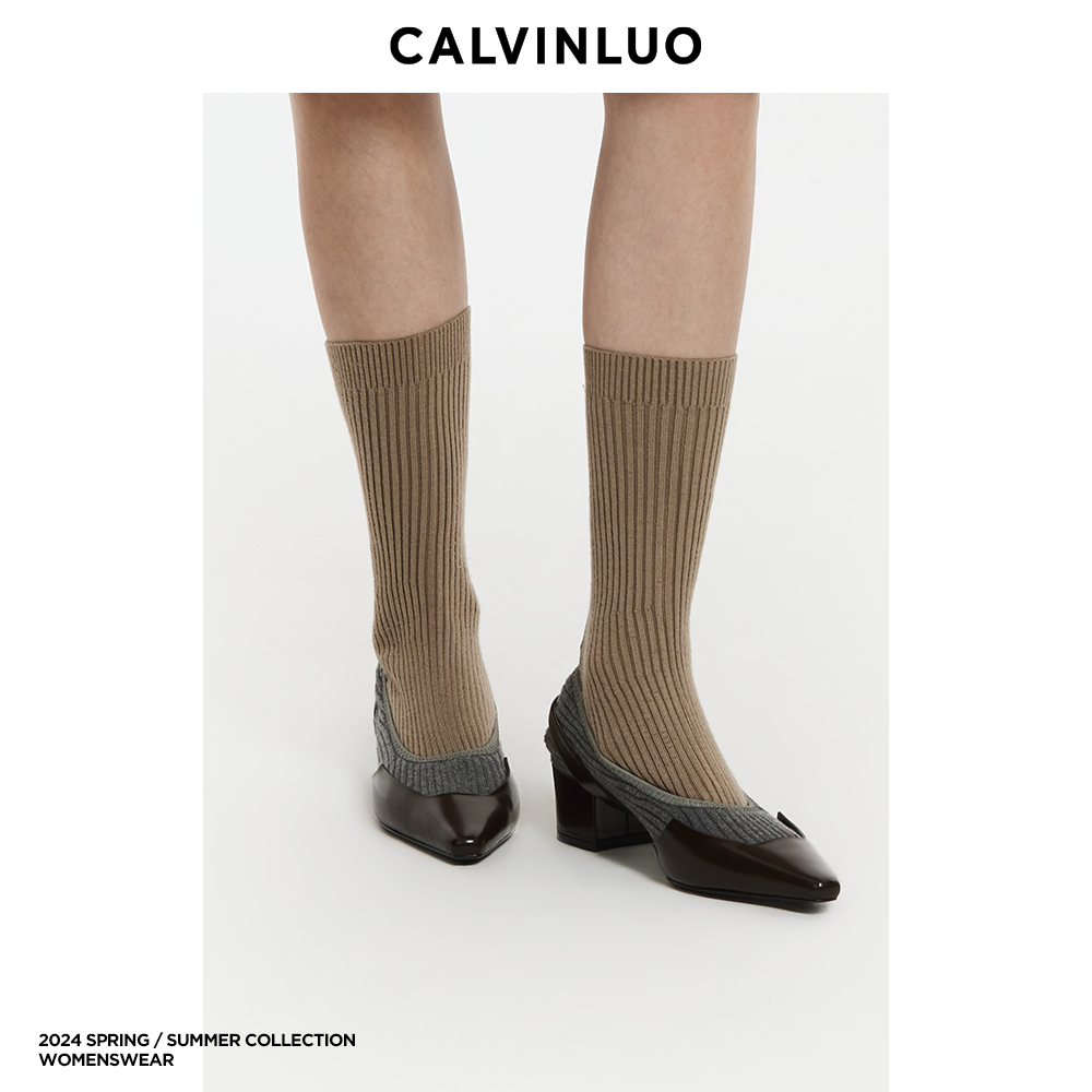 CALVINLUO 尖头中筒针织芭蕾单鞋棕色时尚袜靴 24春夏 - 图0