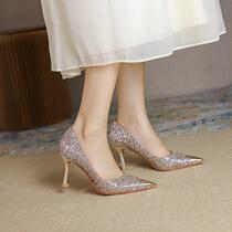Tide cards new fine heels Sequin Dinner Temperament Single Shoes Woman Fashion Brief Shallow mouth Custard Leather Sexy High Heels Shoes