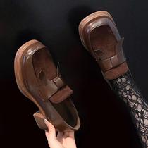 European Station Coarse heel Lefos shoes Feminists Feminists Fall new Inn Wind net red Lady Brown Leather Shoes Brown Leather Shoes