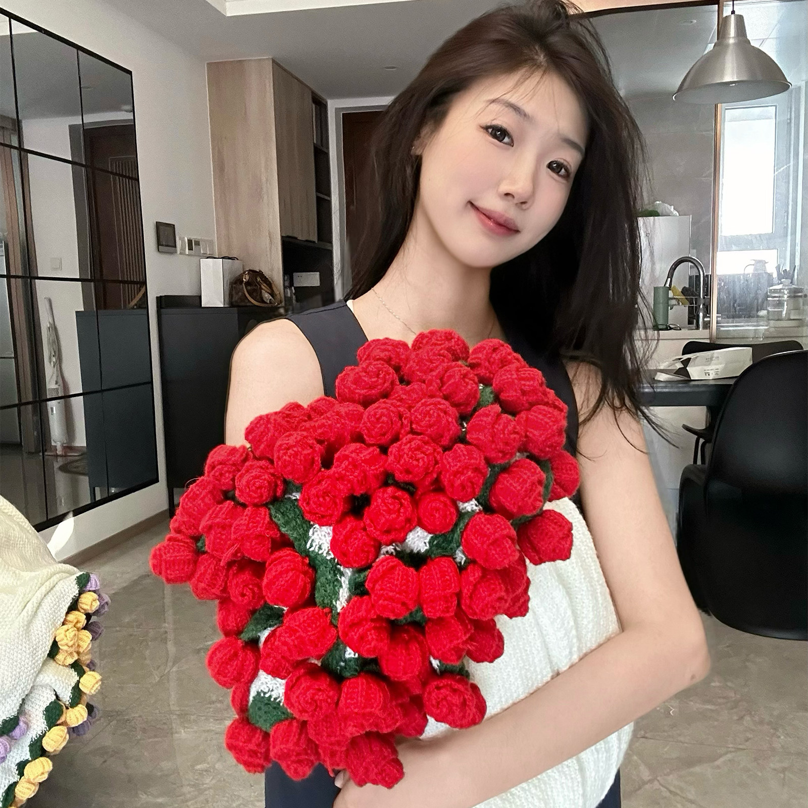 成品玫瑰花束毯子手工针织闺蜜新婚新年情人节实用生日礼物女生