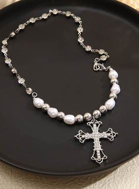 Pearl Cross Pendant Necklace Sweet Female clavicle chain项链