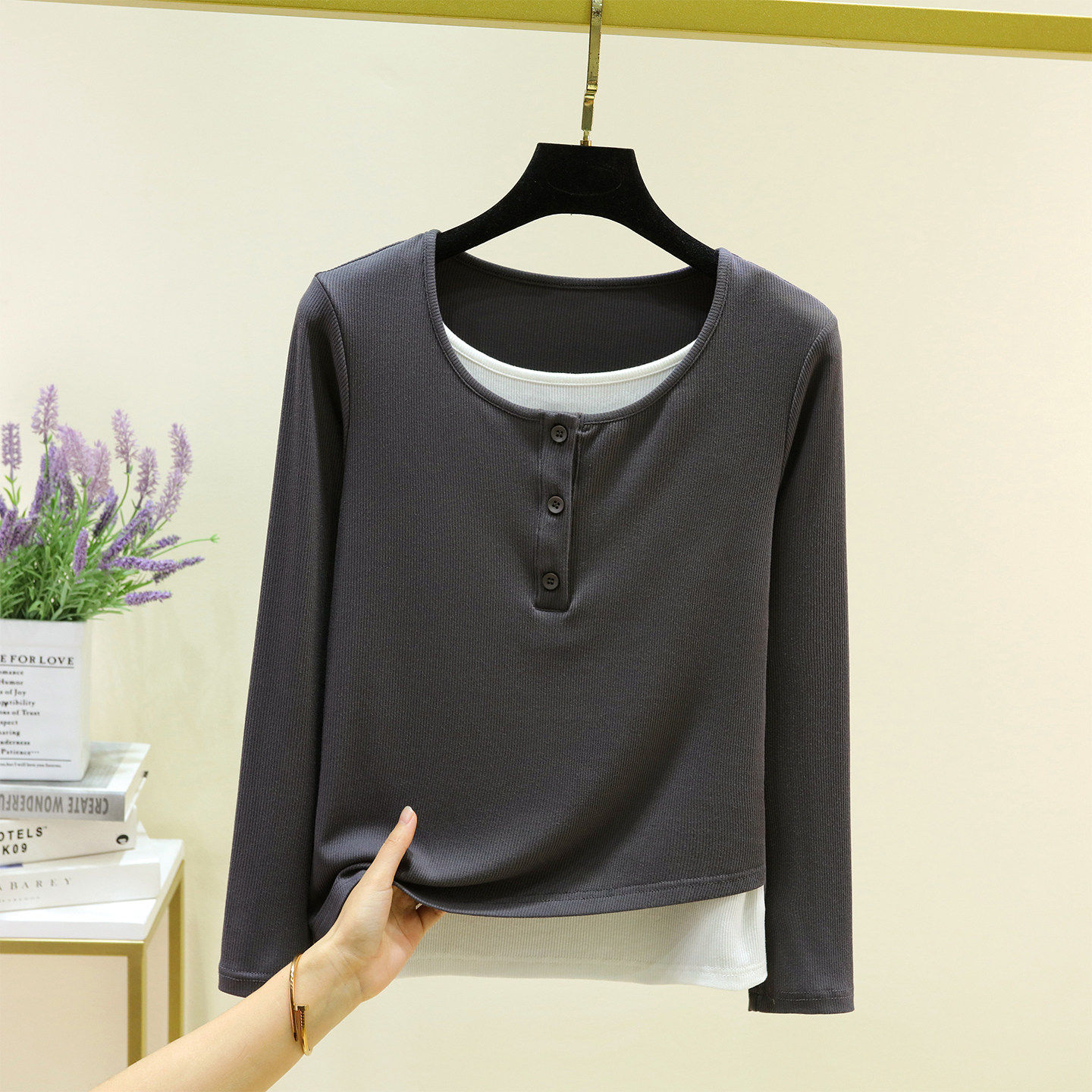 螺纹长袖休闲可外穿设计感薄款上衣假两件T恤女士新款内搭打底衫,淘宝优惠券,粉丝福利购,淘宝优惠卷