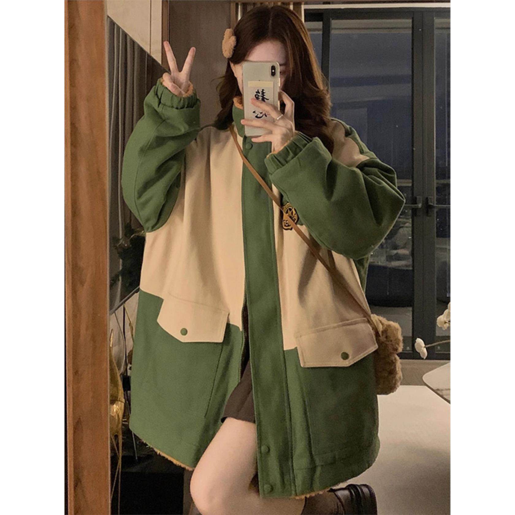 大码女装双面穿绿色派克服外套女冬季新款胖mm加厚保暖羊羔毛棉服,淘宝优惠券,粉丝福利购,淘宝优惠卷