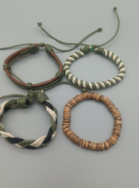 绿色手链四件套装可调节编织手串男民族风朋克欧美小众手绳新