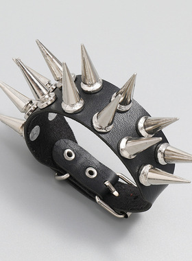 跨境爆款饰品欧美朋克风2排尖钉皮革手链个性潮摇滚男士手环手镯