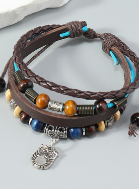 厂家直销复古串珠牛皮手链可调节个性猫头鹰小吊坠皮革手链首饰