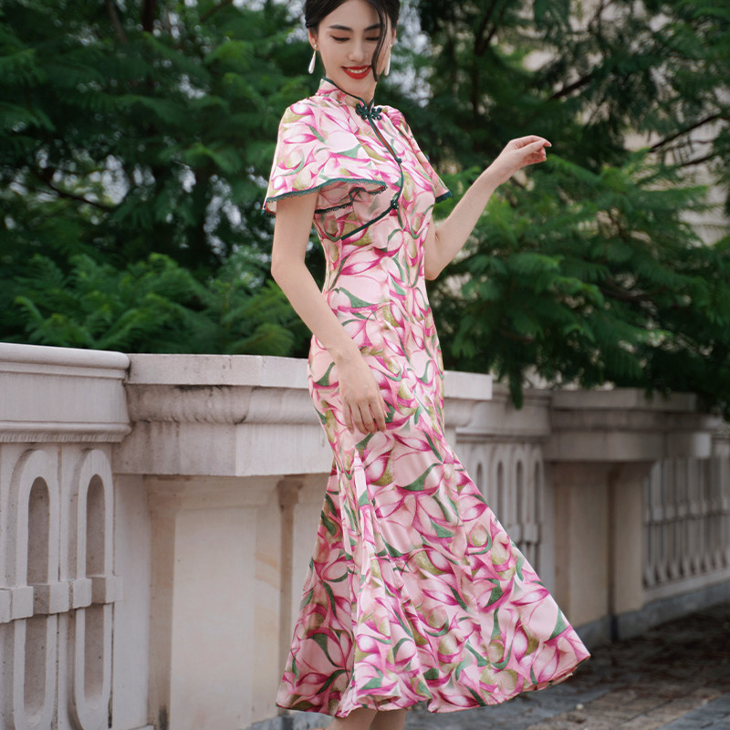 四美子粉色鱼尾旗袍嫣然2023连衣裙 四美子旗袍