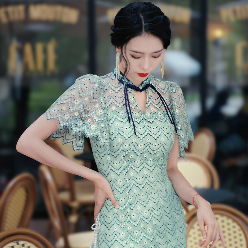 四美子蓝绿色妈妈旗袍兰若夏连衣裙 四美子旗袍