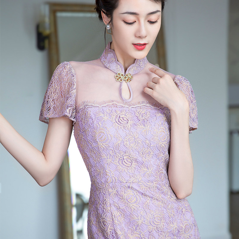 四美子改良国风紫色连衣裙女敬酒服 四美子旗袍