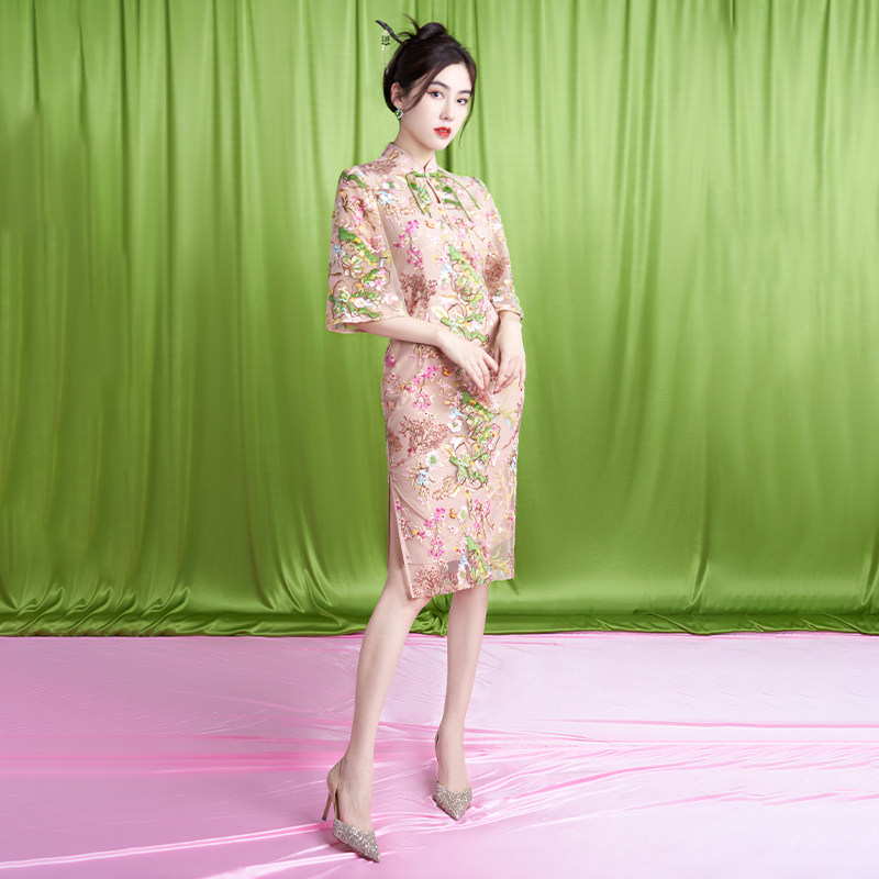 四美子中式改良裸色旗袍2023连衣裙 四美子旗袍