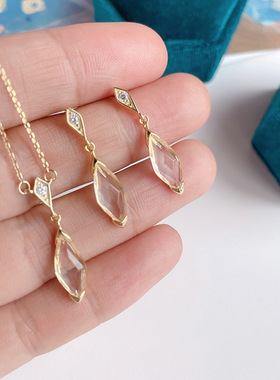日系 太阳闪烁的一瞬间白水晶y型项链水滴菱形锁骨链耳线耳坠