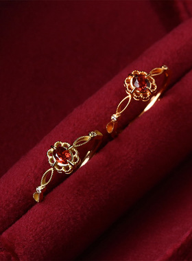 日系24秋夕阳火红 红石榴石画框 丝带花边 银镀10k金戒指