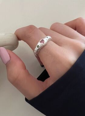 日系设计师topwhits925银时髦小众设计不规则粉钻爱心戒指女开口