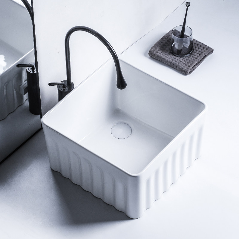 莫德卡恩 加深台上盆陶瓷竖纹洗手盆侧下水家用单盆卫生间洗脸盆 - 图1