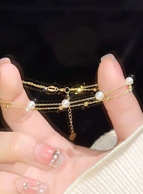 日系cherry kitty法式高级感珍珠双层手链女ins简约冷淡风手环