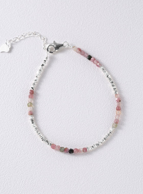 日系cherry kitty925银不规则碎银子碧玺手链简约设计闺蜜手环年