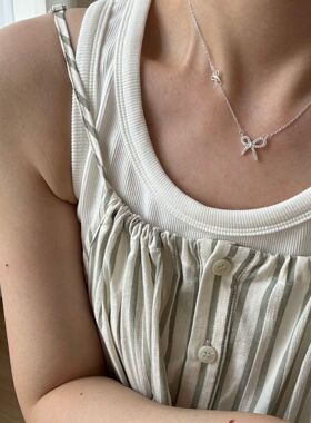 日系cherry kitty925银蝴蝶结镶钻项链女简约亮银色韩国银甜美