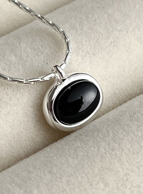 日系cherry kittys925银椭圆黑玛瑙项链女简约经典元素百搭嘻哈