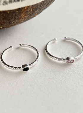 日系cherry kitty925银菱纹格椭圆锆石戒指女简约时尚个性轻奢