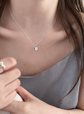 日系cherry kitty925银不规则方形纹理项链女简约甜美蓝色锆石