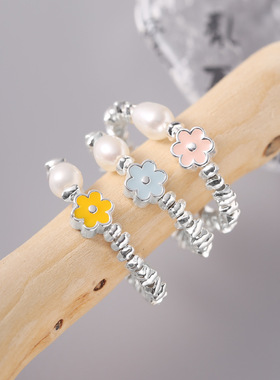 日系cherry kitty925银珍珠花朵碎银子戒指女手工弹力绳款设计