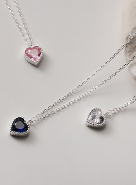 日系cherry kittys925银项链女爱心锆石锁骨链年春粉蓝色锆石