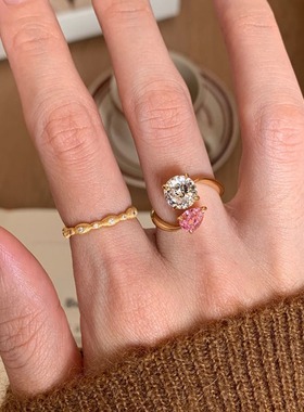 日系Cherry Kitty双生花水滴形锆石戒指女vintage轻奢小众设计