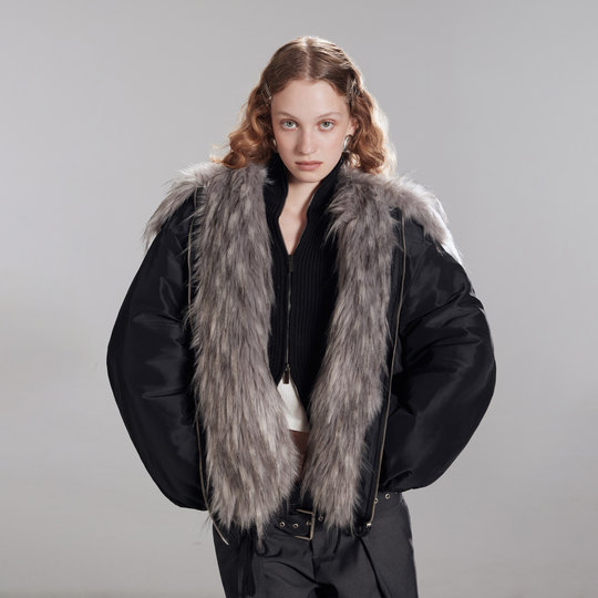 出逃赤岗西原创黑色微光感派克服女冬混色棉衣仿貉毛加厚棉服外套