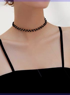 铜合金亚克力项链 星火时尚气质精致轻奢黑色珠珠项链颈链