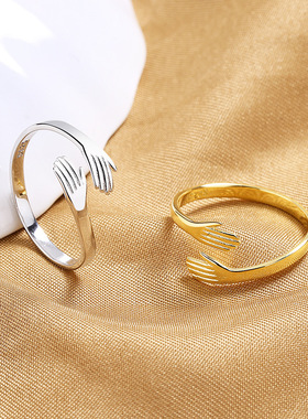 英国设计师cherry kittys925银双手拥抱情侣戒指简约个性小众素圈