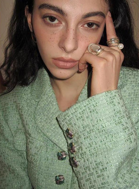 日本Portney Bell小众新款面纱磨砂嵌猫眼石开口可微调指环欧美